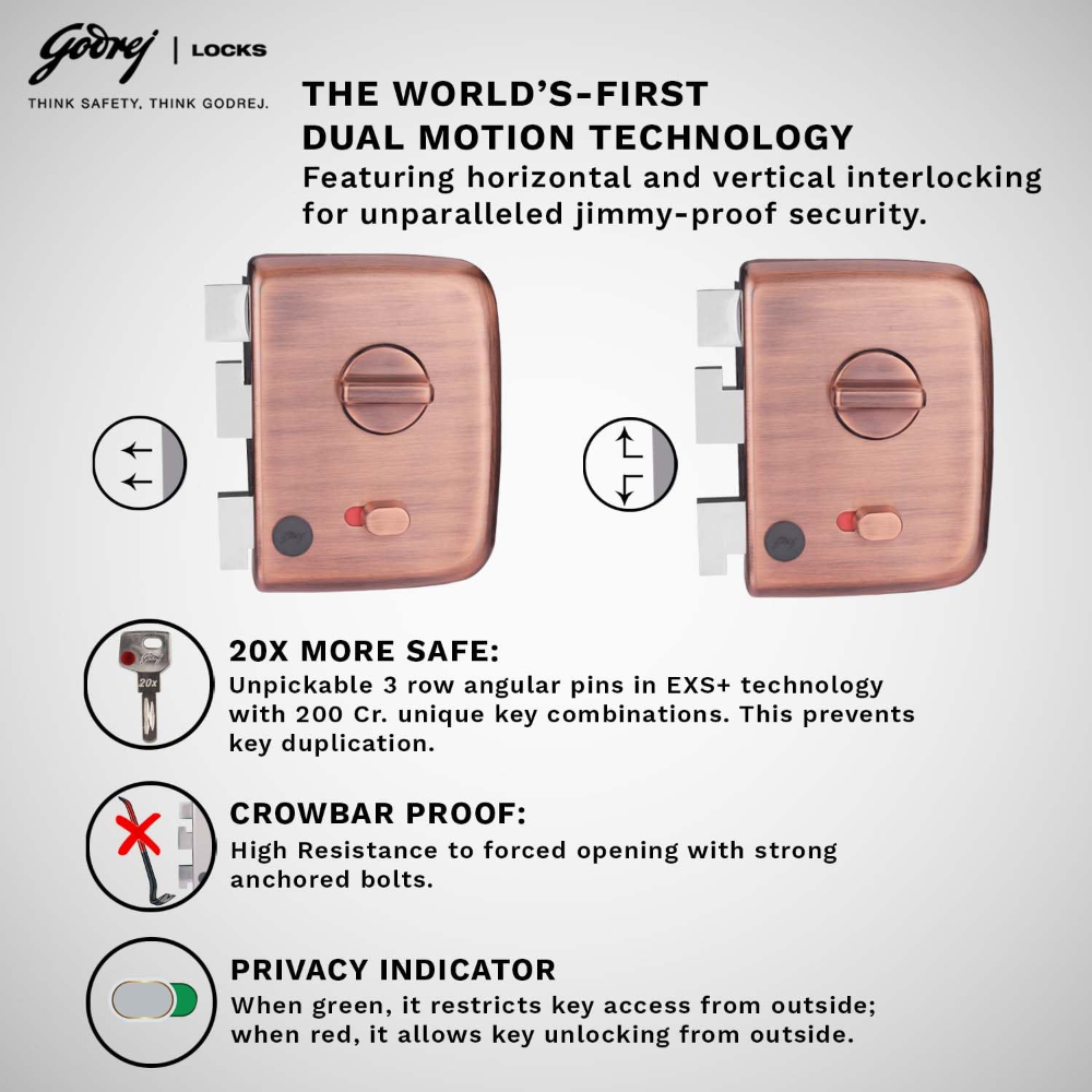 Godrej Rim Lock I Centaur Exs plus I 1Ck Deadbolt I For Home Main Door I For Inside or Outside Opening Door  and Left or Right Handed Doors I 4 Keys I 15 Years WarrantyIManual Locking I Antique Copper Finish